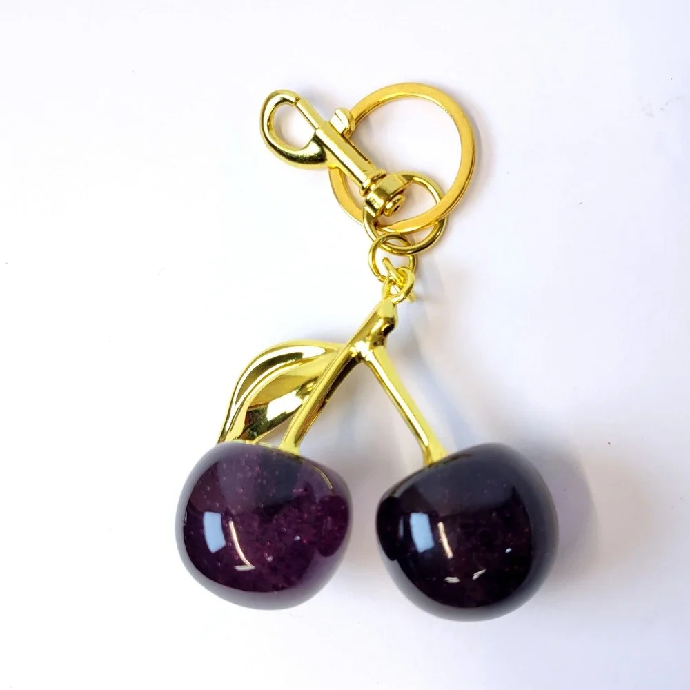 Cherry Bag Charm Glitter Resin Gold Hardware Dark Purple Womens Goth Whimsical
